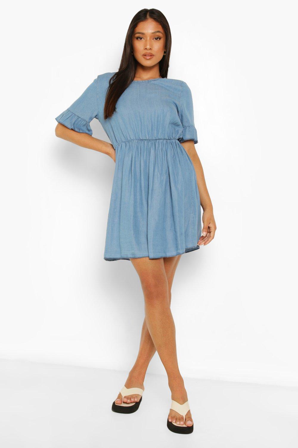 Petite Frill Sleeve Denim Dress